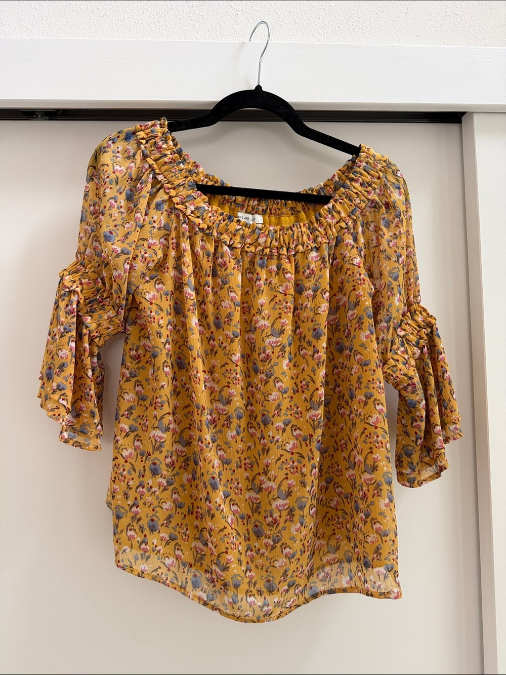 Skies Are Blue Mustard Floral Peasant Blouse